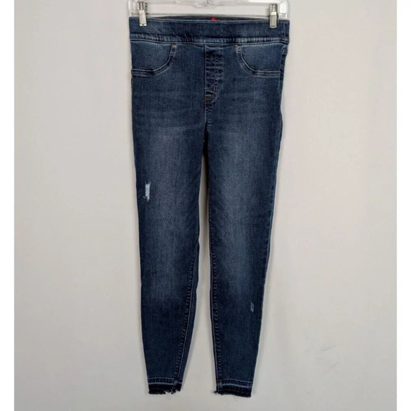 SPANX Distressed Skinny Pull On Elastic Waist Pants Raw Ankle Jeggings Jeans M - Picture 2 of 16